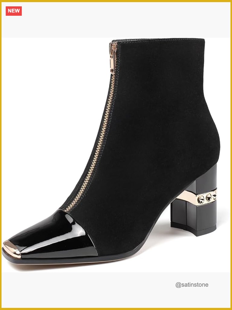 Women's Ankle Boots Block Chunky Heels Square Toe Suede Front Zipper 3 Inch